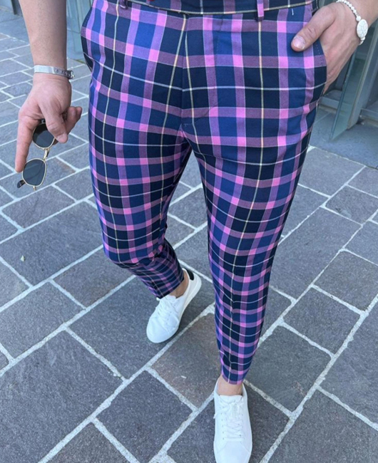 Fashion Color Block Plaid Pocket Straight Pencil Pants