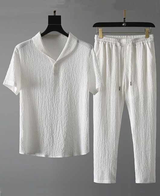 Sporty Lapel Collar Short Sleeve Wrinkle Shirt & Pants 2Pcs Set