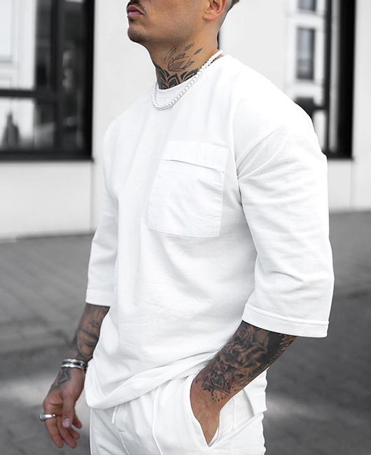 Sporty Plain 3/4 Sleeve Loose Chest Pocket Shirt &  Drawstring Jogger Pants 2Pcs Set